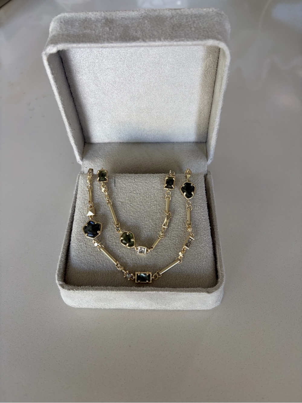 Kendra Scott Gold Gray Green Stone Long Layering Necklace